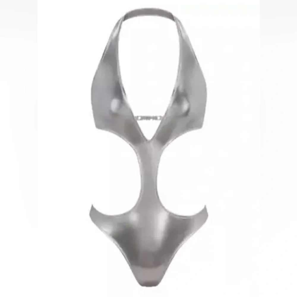 SKIMS 1 Piece Sexy Cut Out Halter Monokini Swimsuit Metallic Carbon 26-28 4X